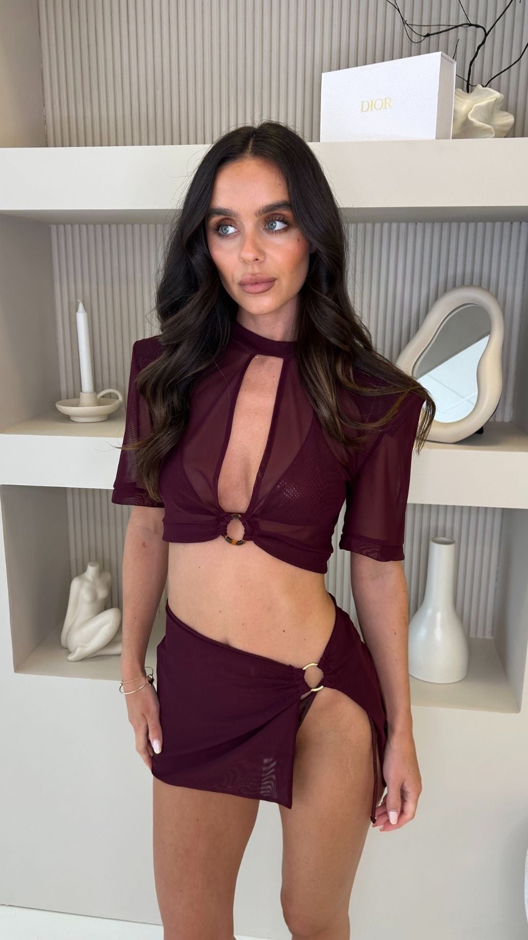 MARASAI CO-ORD IN BURGUNDY MESH WITH TORTOISE-SHELL O-RING DETAIL
