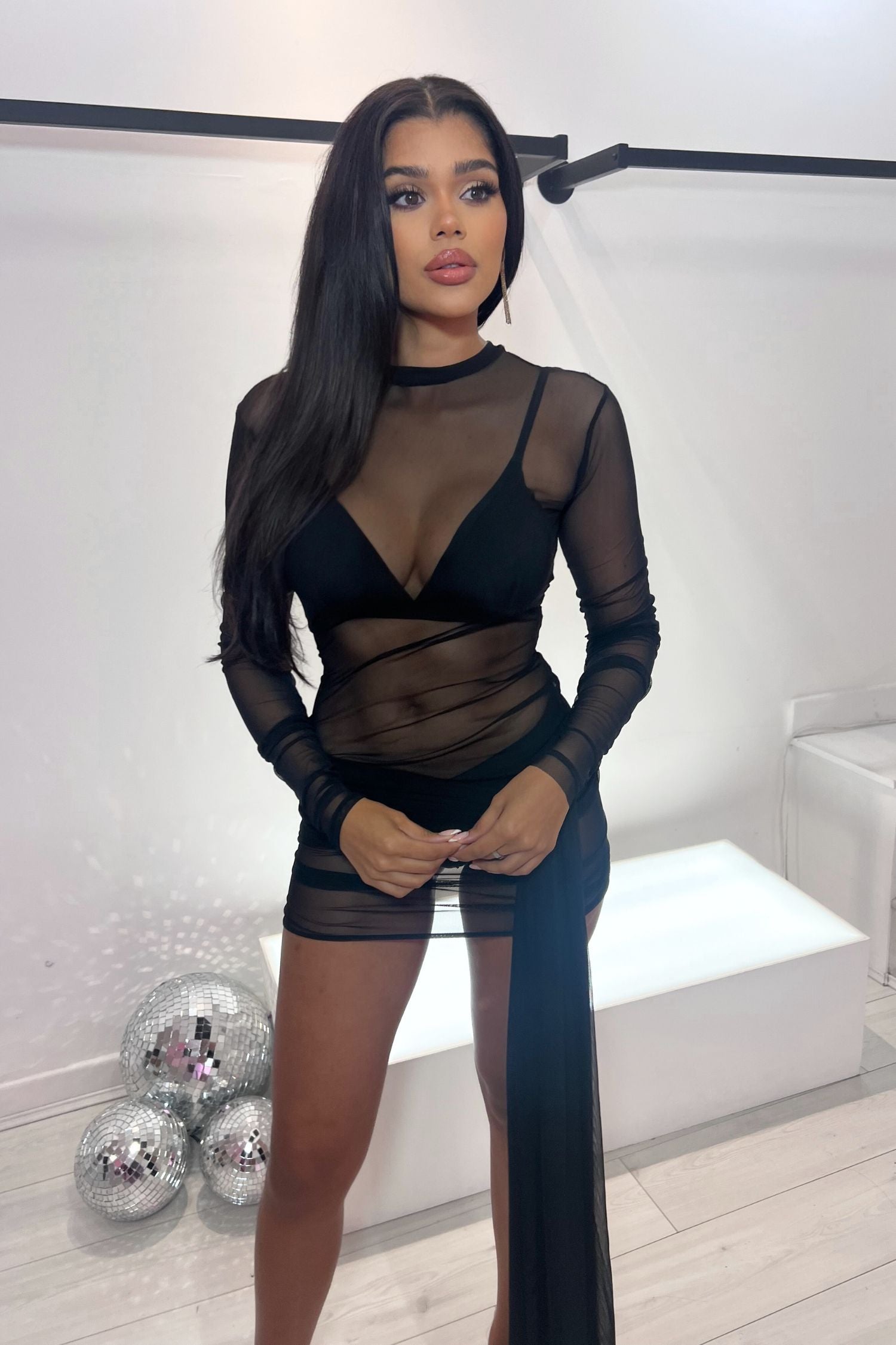 BROOKLYN RUCHED SHEER SASH DETAIL MINI DRESS BLACK MESH – MOHOKINI