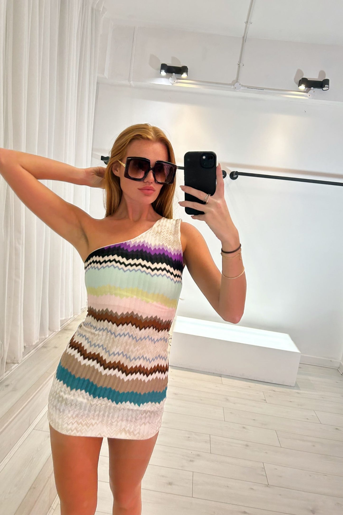 YAZMIN MINI ONE SHOULDER BODY CON DRESS - MYKONOS PRINT