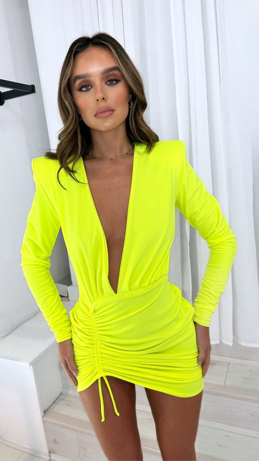 GINA SHOULDER PAD PLUNGE MINI DRESS - NEON YELLOW