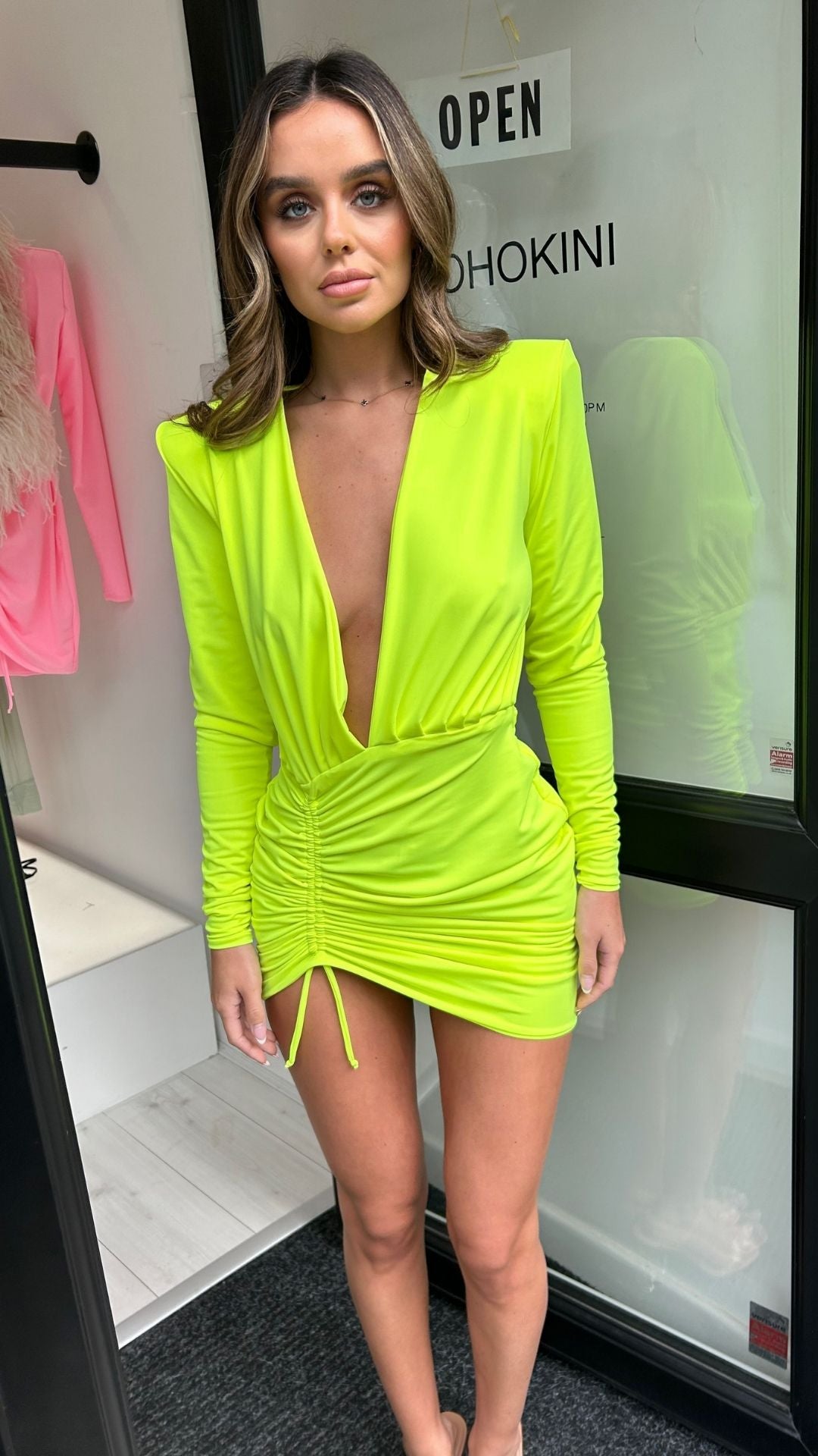 GINA SHOULDER PAD PLUNGE MINI DRESS - NEON YELLOW