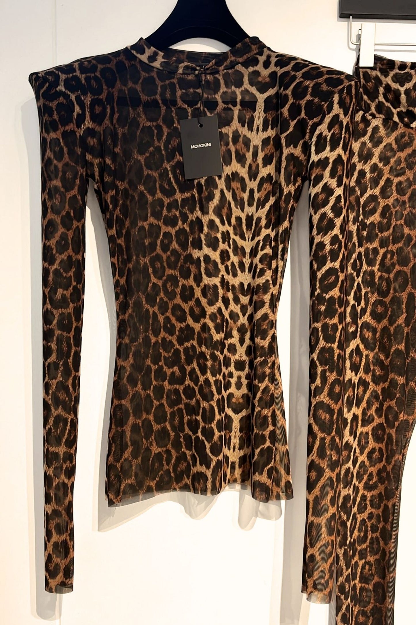 STELLA PADDED SHOULDER CREW NECK TOP AND LEGGINGS CO-ORD - LEOPARD MESH PRE ORDER