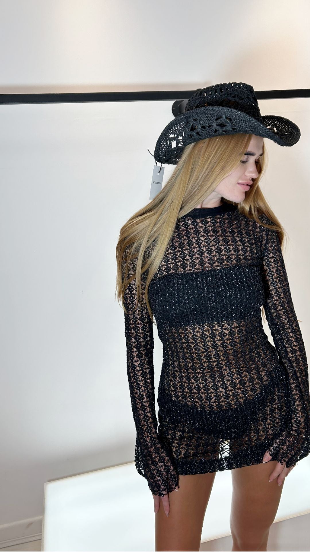 ALENA LONG SLEEVE CROCHET MINI DRESS - BLACK
