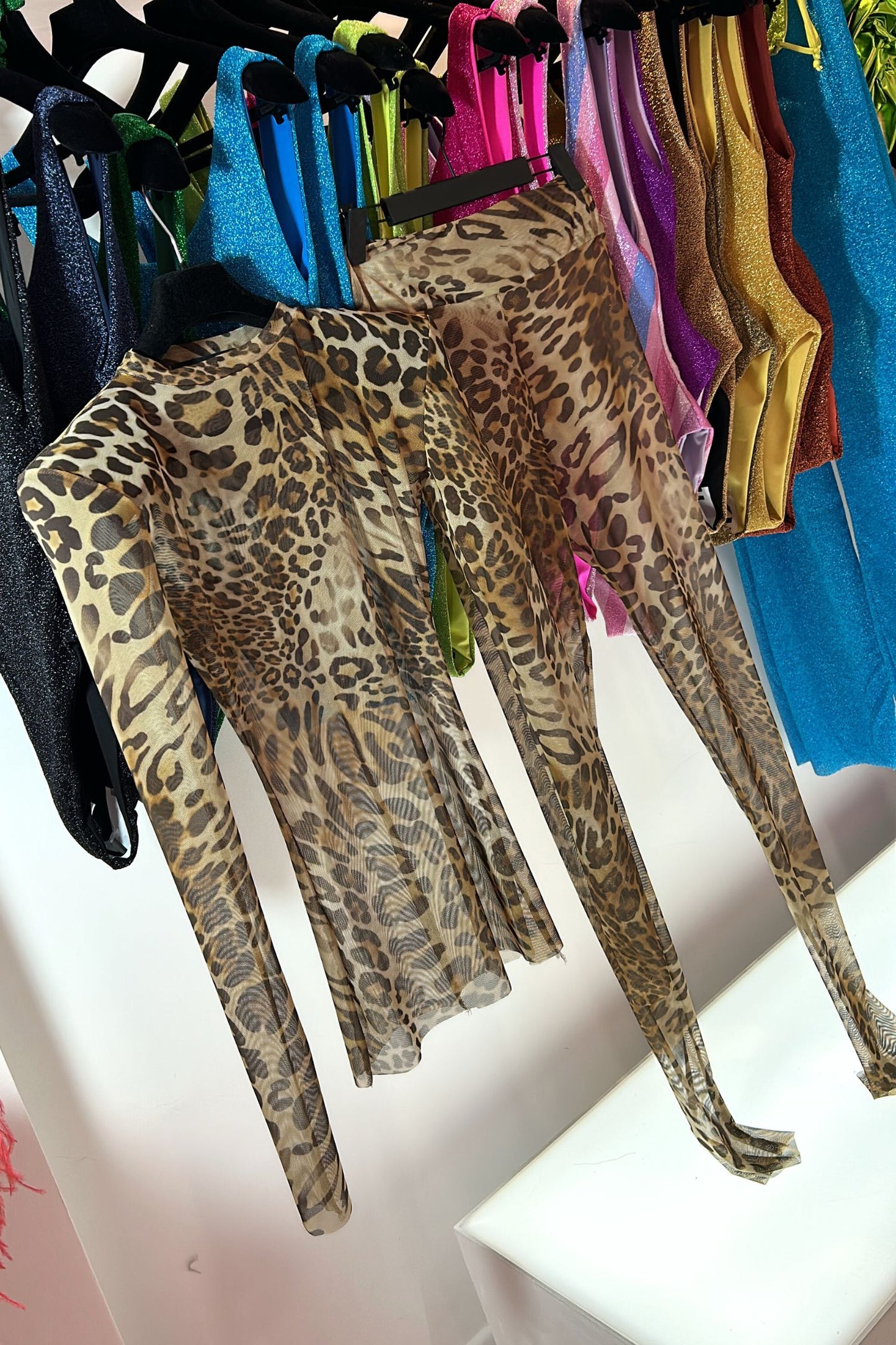 STELLA PADDED SHOULDER CREW NECK TOP AND HIGH WAIST LEGGINGS CO-ORD - ABSTRACT LEOPARD MESH