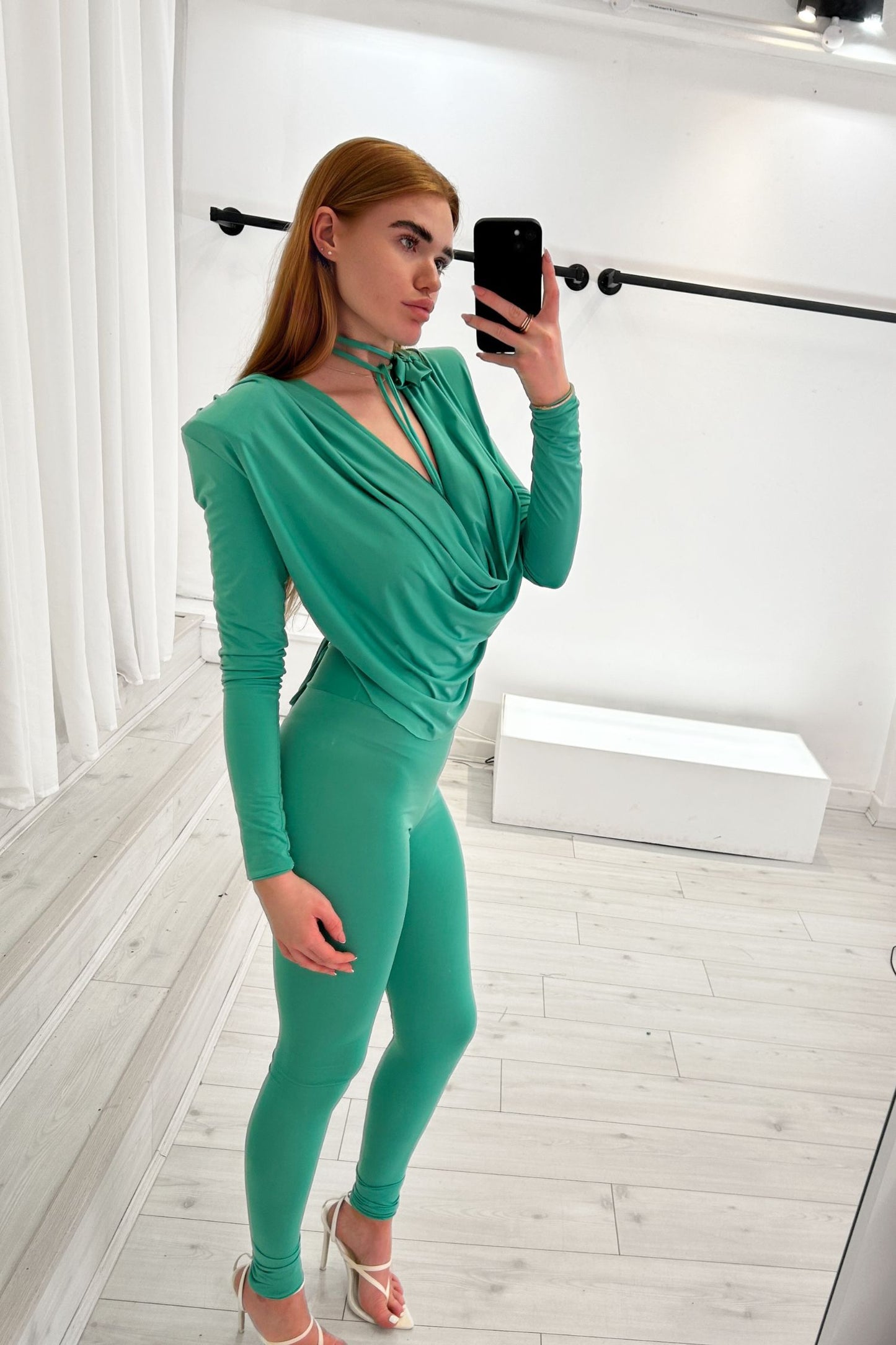 ANNA X STELLA PLUNGE DRAPE CROP TOP WITH HIGH WAIST LEGGINGS AND NECK CORSAGE
