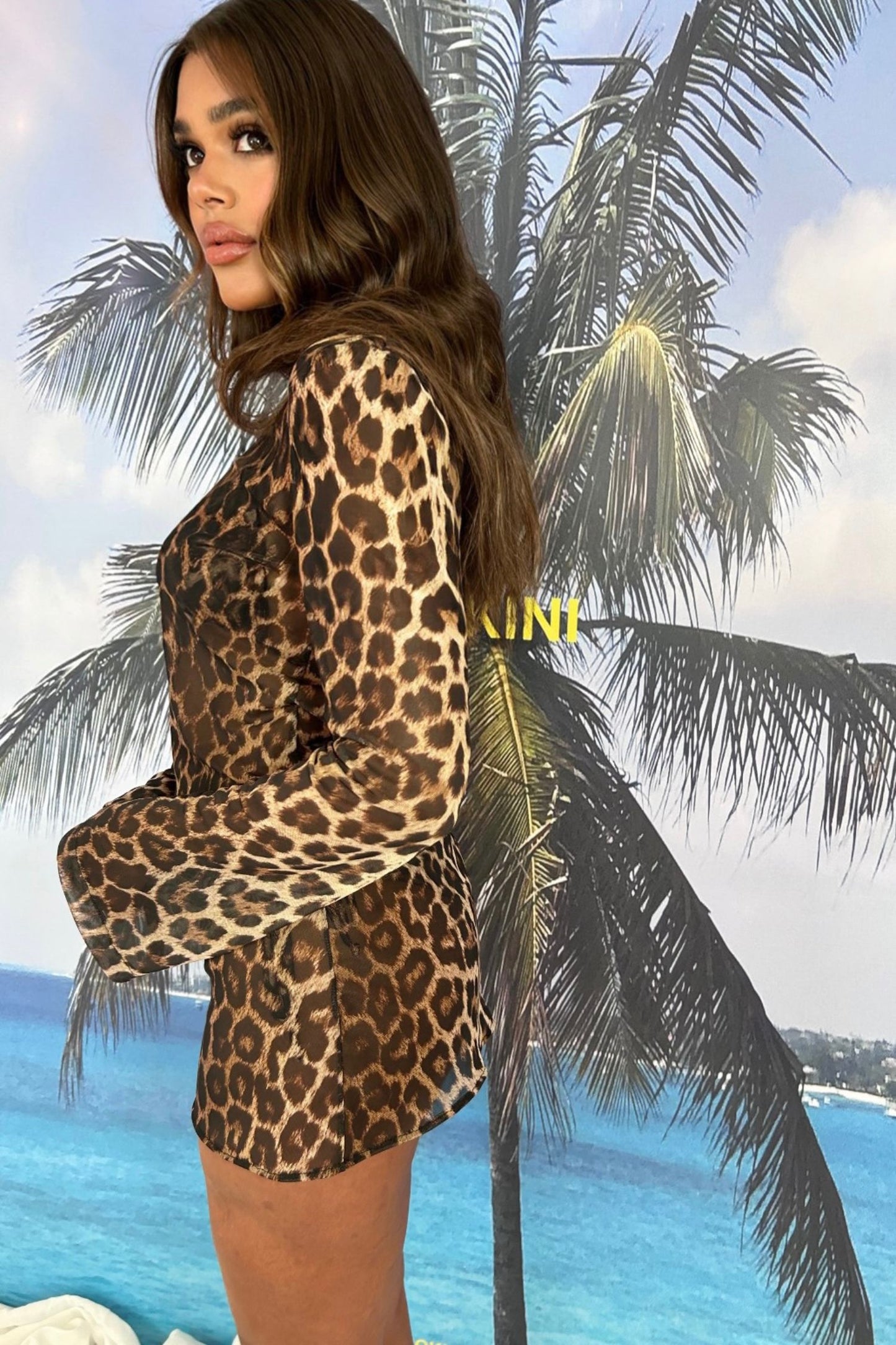 KATRINA BACKLESS FLARED SLEEVE MINI DRESS - LEOPARD MESH