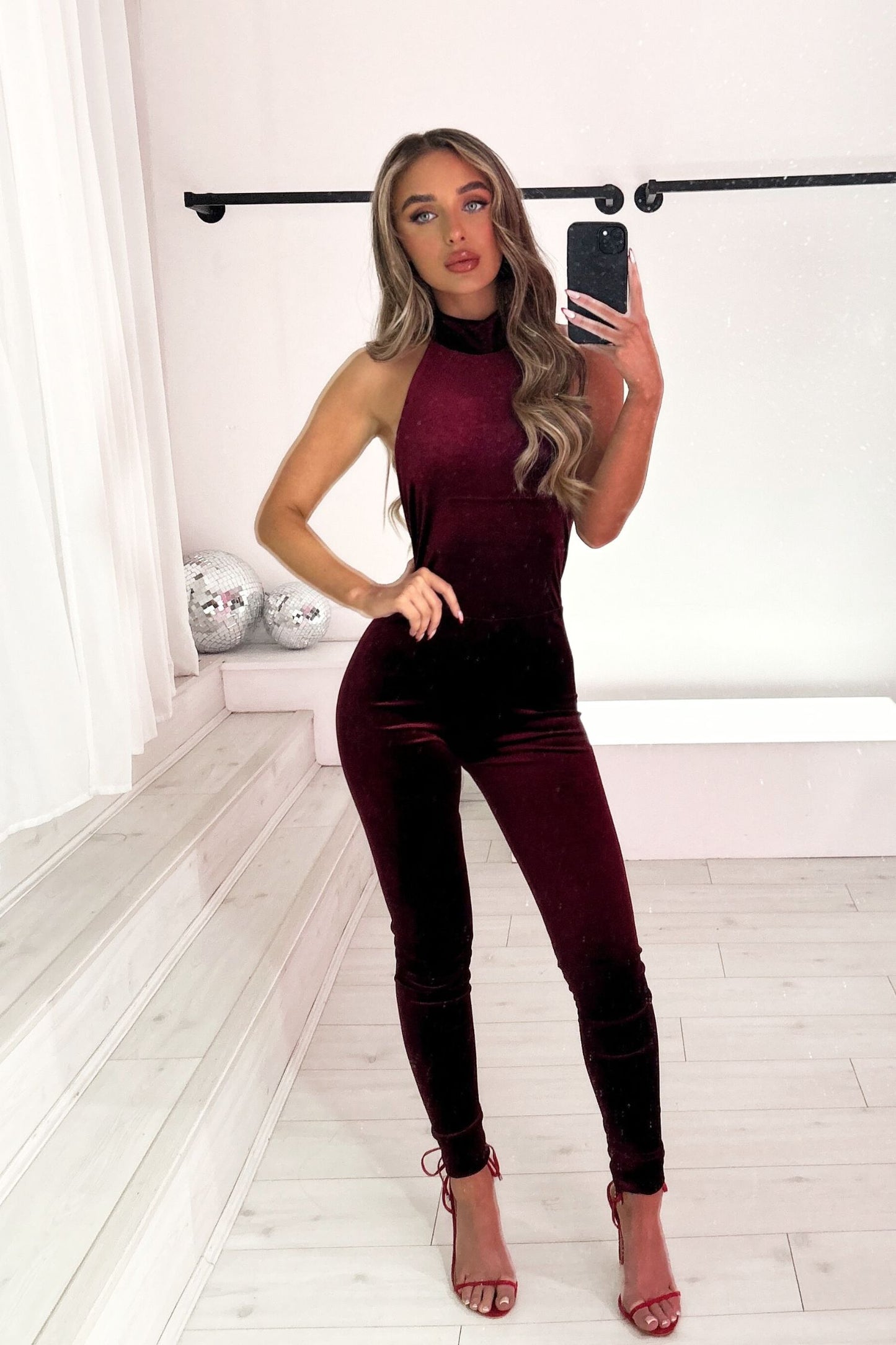 CELIA HALTERNECK BACKLESS JUMPSUIT - BURGUNDY VELVET