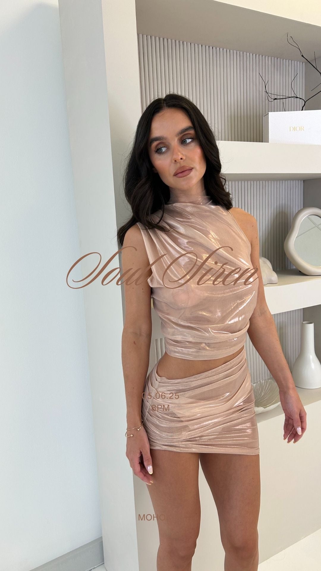 CELESTE DRAPE CO-ORD IN NUDE SHIMMER MESH