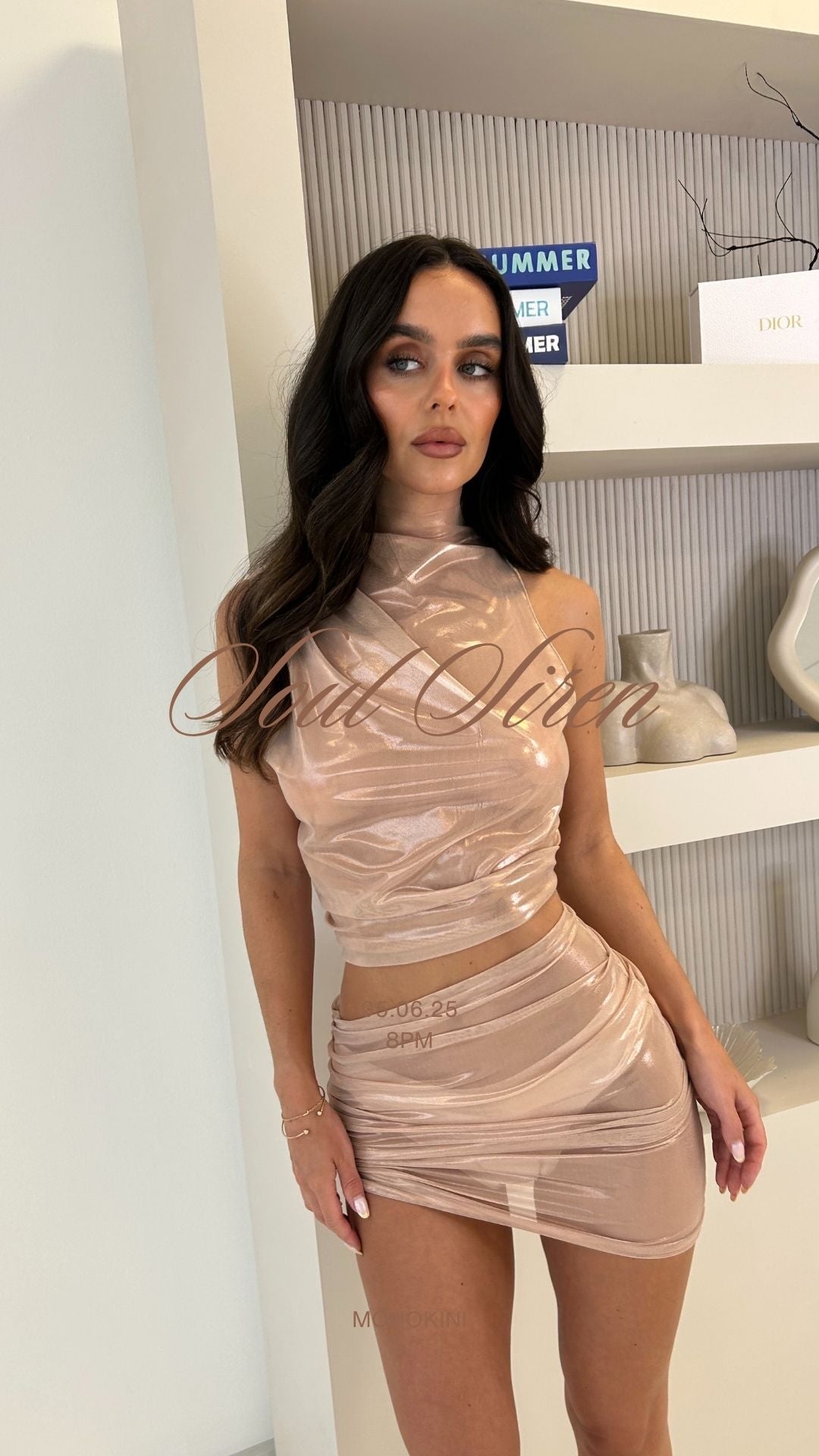 CELESTE DRAPE CO-ORD IN NUDE SHIMMER MESH