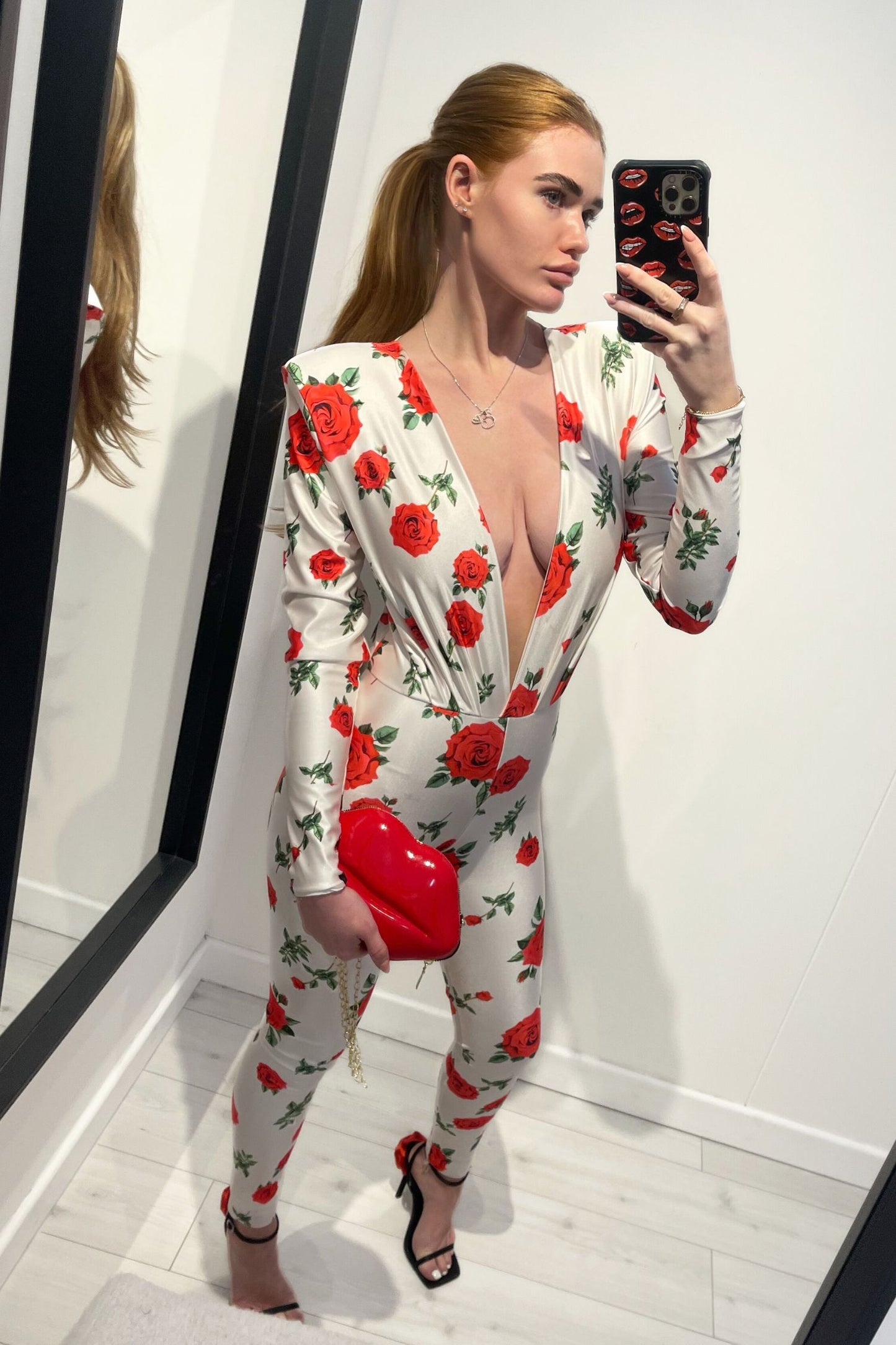AURA PADDED SHOULDER PLUNGE JUMPSUIT  - ROSE PRINT