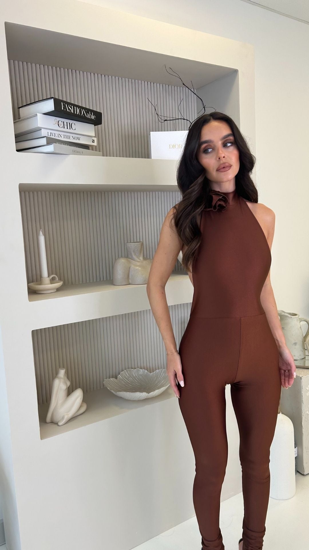 SEREN JUMPSUIT – BACKLESS HALTER WITH ROSE NECK DETAIL IN PREMIUM STRETCH