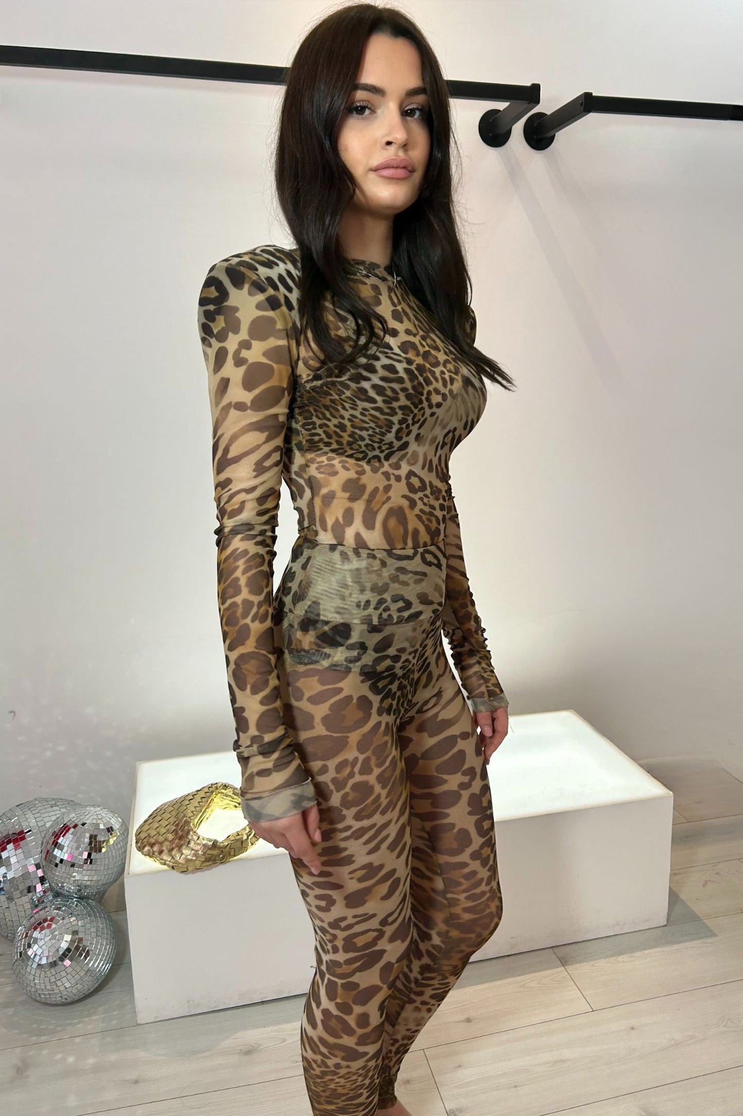 STELLA PADDED SHOULDER CREW NECK TOP AND LEGGINGS CO-ORD - LEOPARD MESH PRE ORDER
