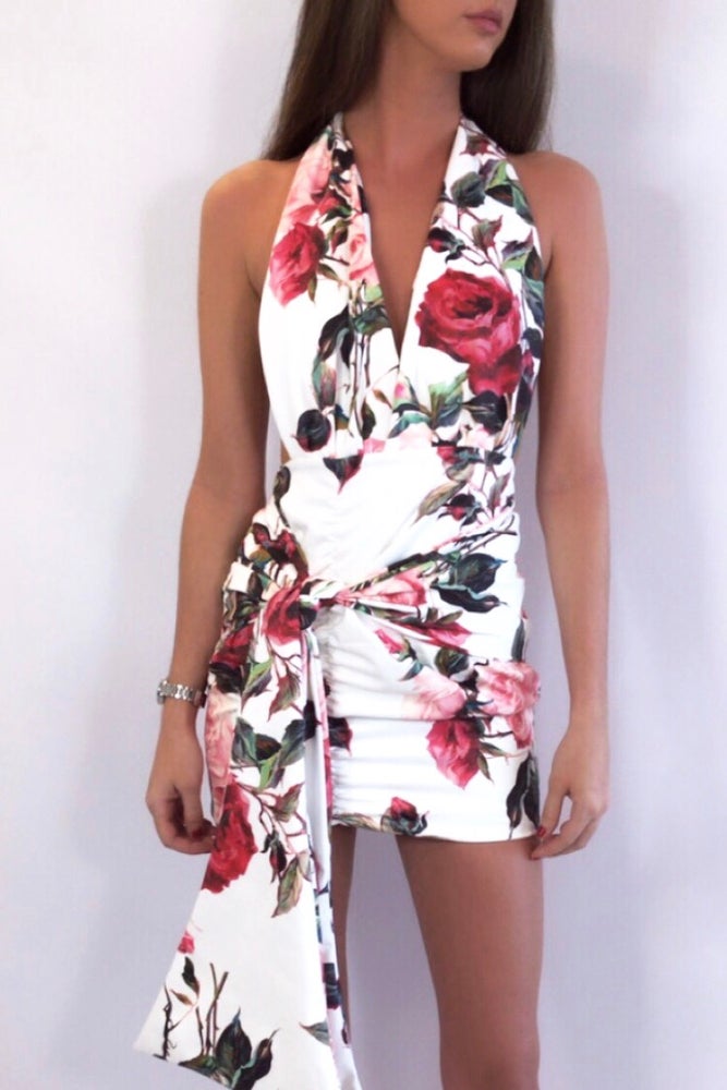 LAYLA HALTER MINI DRESS WITH SASH FLORAL - ROSE FLEUR