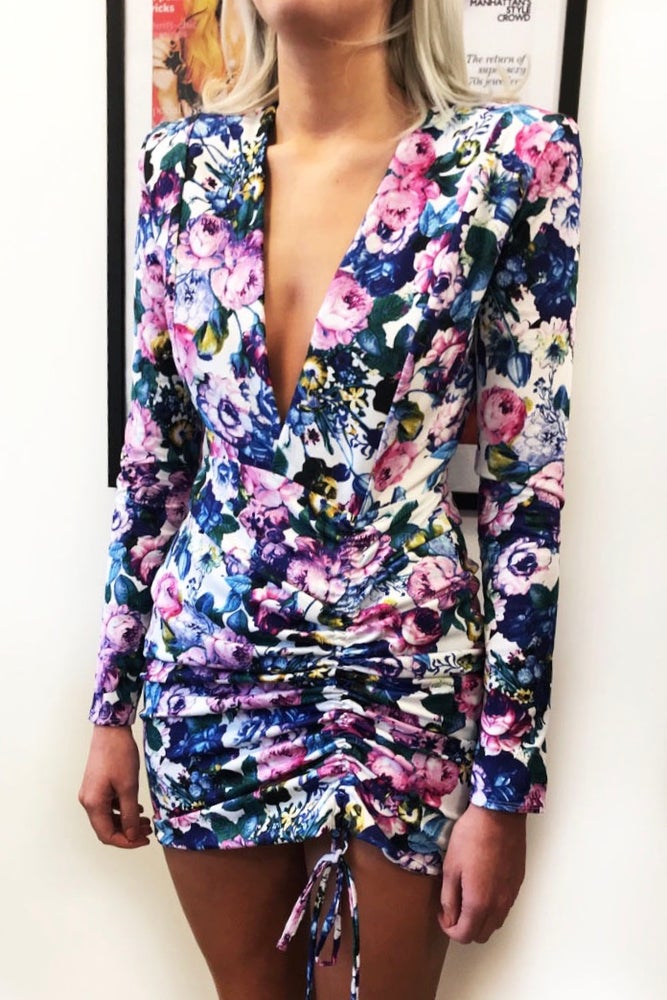 HEIDI DEEP PLUNGE SHOULDER PAD FLORAL MINI DRESS - AZALEA
