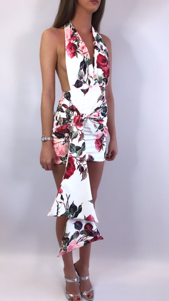 LAYLA HALTER MINI DRESS WITH SASH FLORAL - ROSE FLEUR