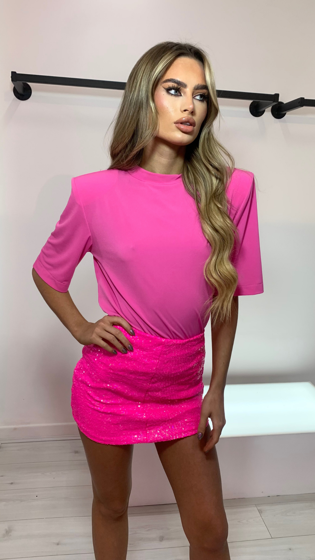 ANNIE  X CONNA PADDED SHOULDER TSHIRT AND NEON PINK SEQUIN SKIRT