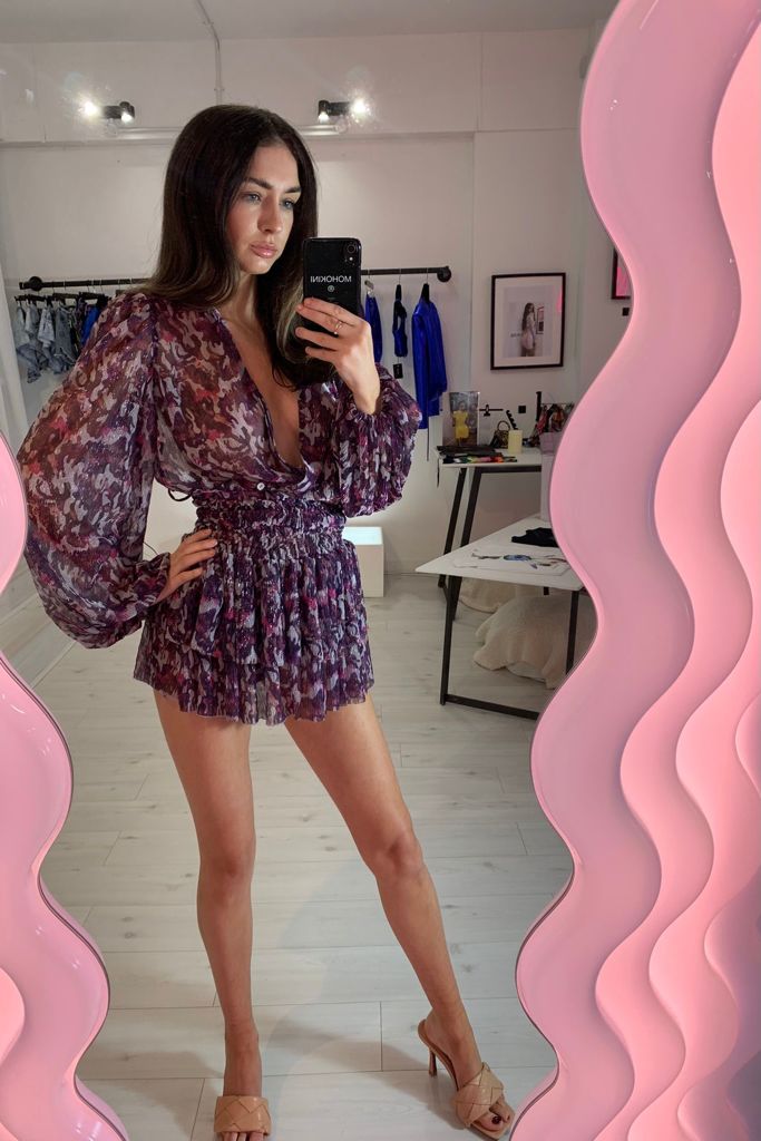 MARGOT X CLAUDIA BALLOON SLEEVE BLOUSE X SMOCKED TIERED SKIRT - SHEER LILAC ABSTRACT PRINT