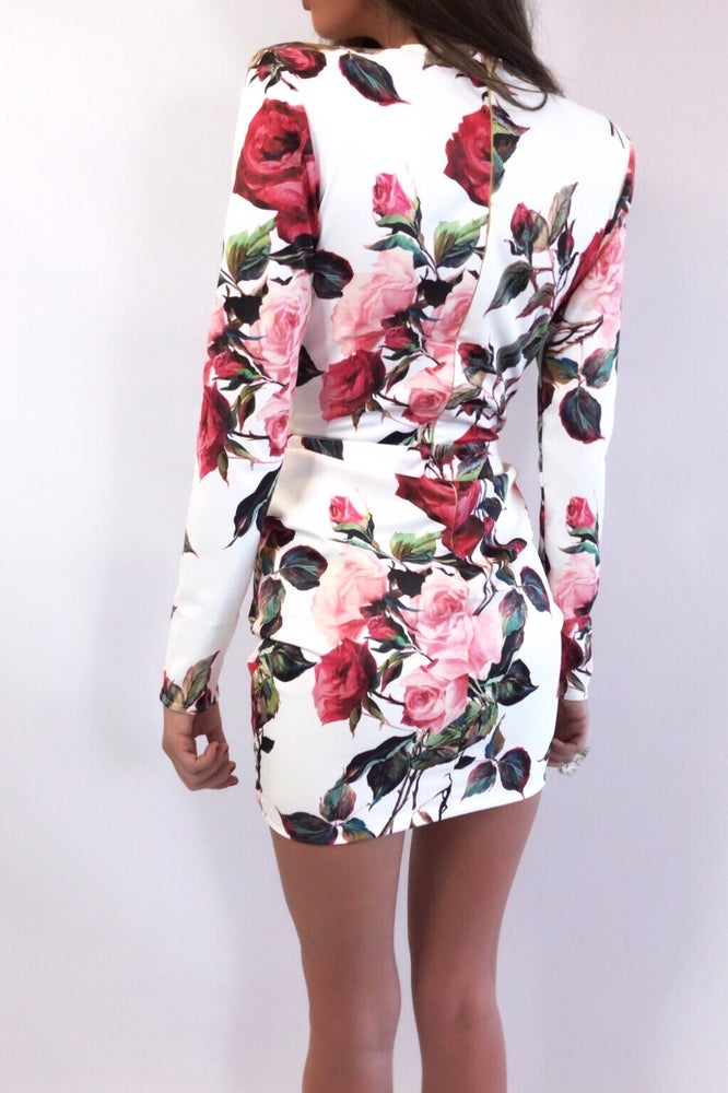 HEIDI DEEP PLUNGE PADDED SHOULDER MINI DRESS FLORAL - ROSE FLEUR