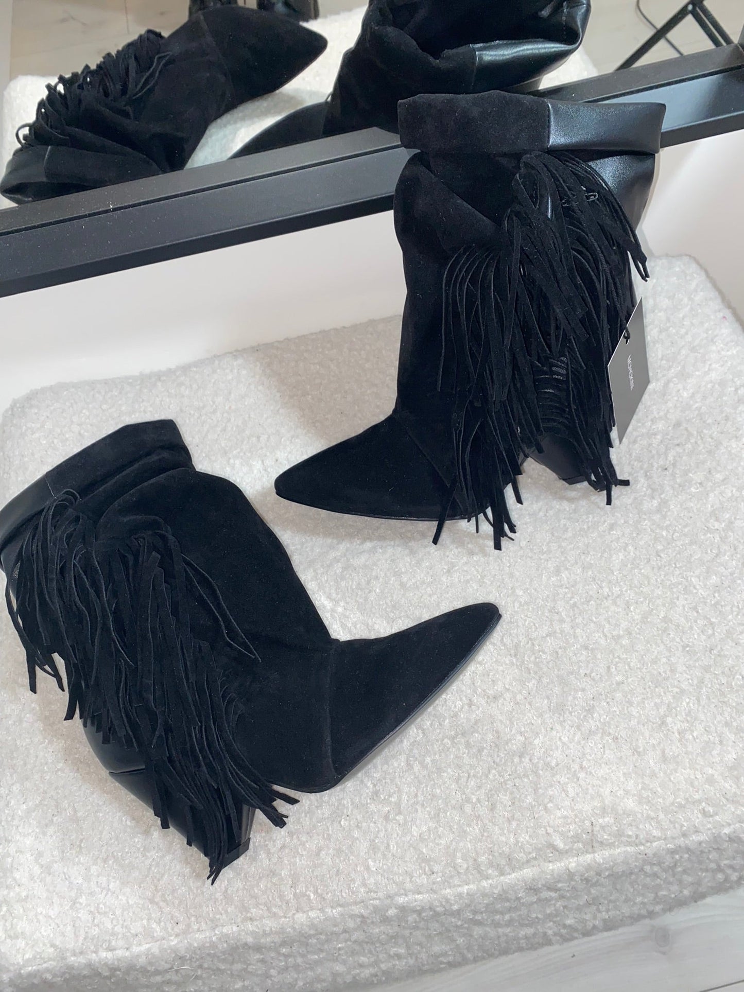 STRUT FRINGE ANKLE BOOTS BLACK SUEDE - PRE ORDER