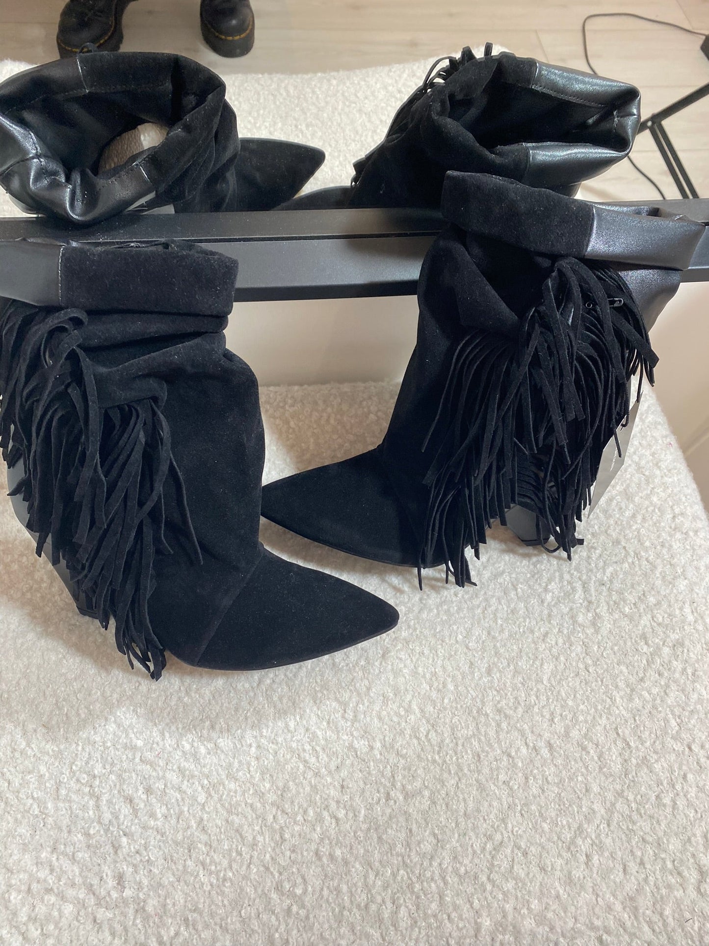 STRUT FRINGE ANKLE BOOTS BLACK SUEDE - PRE ORDER
