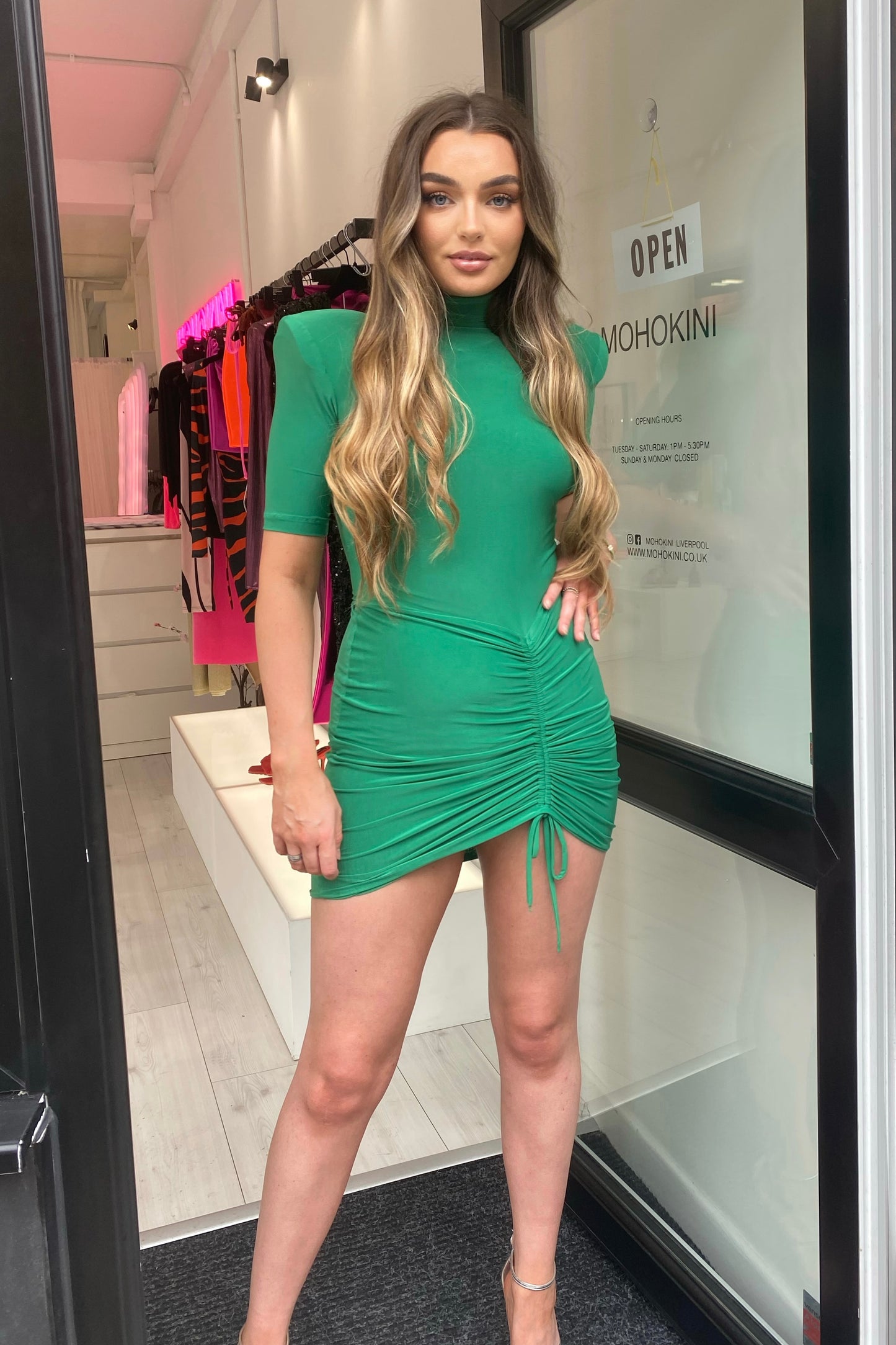 REYA HIGH NECK PADDED SHOULDER SHORT SLEEVE MINI DRESS WITH RUCHED DETAIL