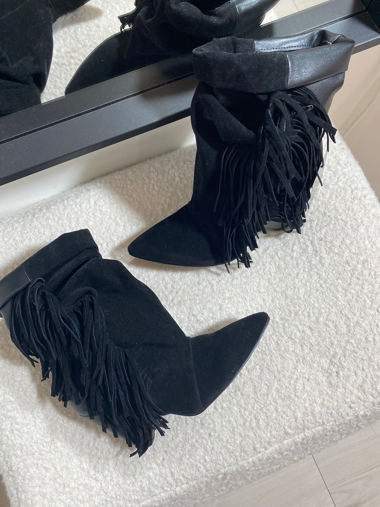 STRUT FRINGE ANKLE BOOTS BLACK SUEDE - PRE ORDER