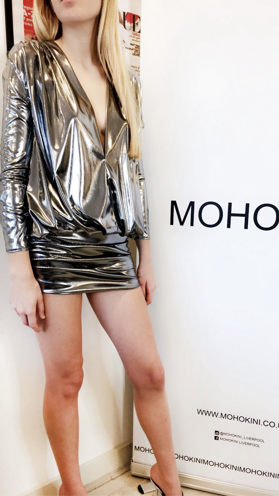 MADISSON RUSCHED AND PLEATED DROP WAIST PLUNGE MINI DRESS