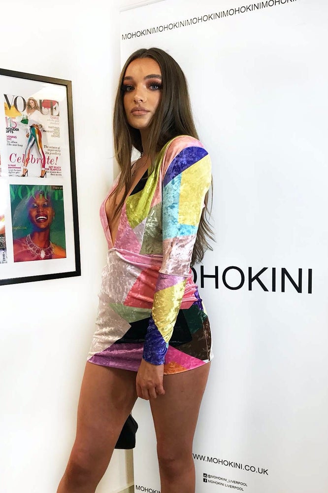 EBONIE COLOUR BLOCK PLUNGE MINI DRESS - MIAMI SHIMMER VELVET