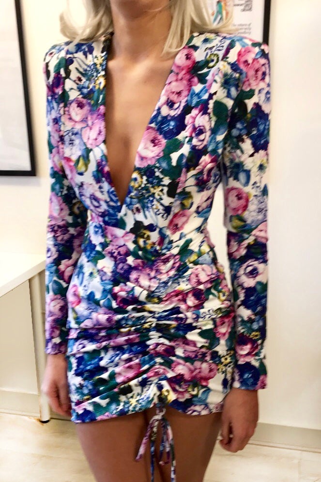 HEIDI DEEP PLUNGE SHOULDER PAD FLORAL MINI DRESS - AZALEA