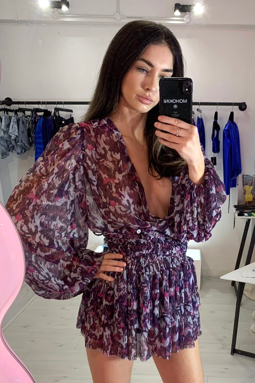 MARGOT X CLAUDIA BALLOON SLEEVE BLOUSE X SMOCKED TIERED SKIRT - SHEER LILAC ABSTRACT PRINT