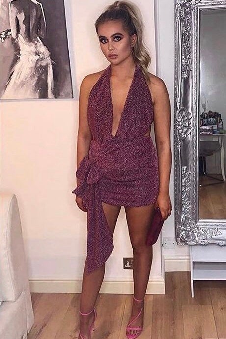 LAYLA HALTER MINI DRESS WITH SASH - SPARKLE