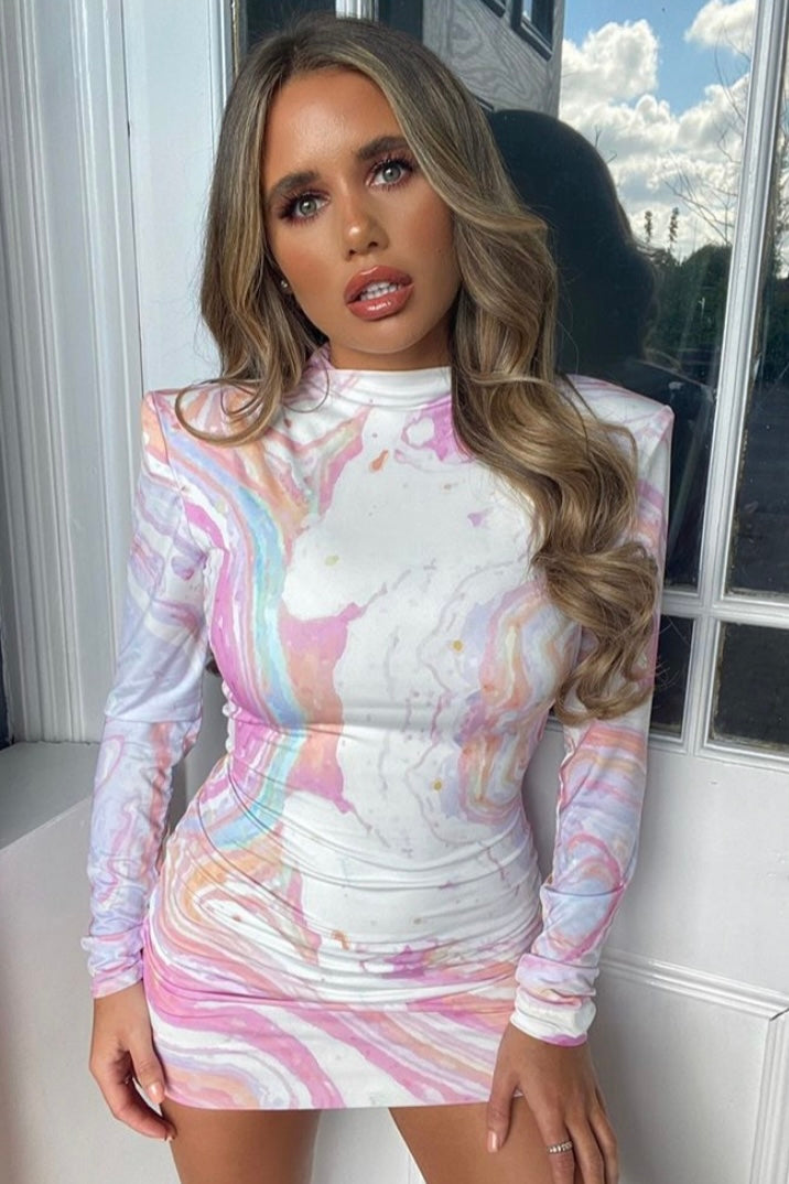 MILEY LONG SLEEVE HIGH NECK MINI DRESS MARBELLA PASTEL AS SEEN ON @JASMINGREENX
