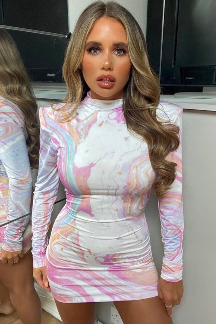 MILEY LONG SLEEVE HIGH NECK MINI DRESS MARBELLA PASTEL AS SEEN ON @JASMINGREENX