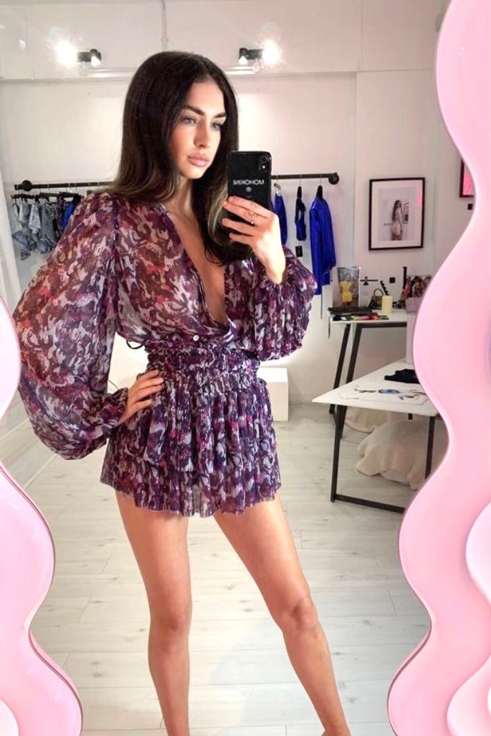 MARGOT X CLAUDIA BALLOON SLEEVE BLOUSE X SMOCKED TIERED SKIRT - SHEER LILAC ABSTRACT PRINT