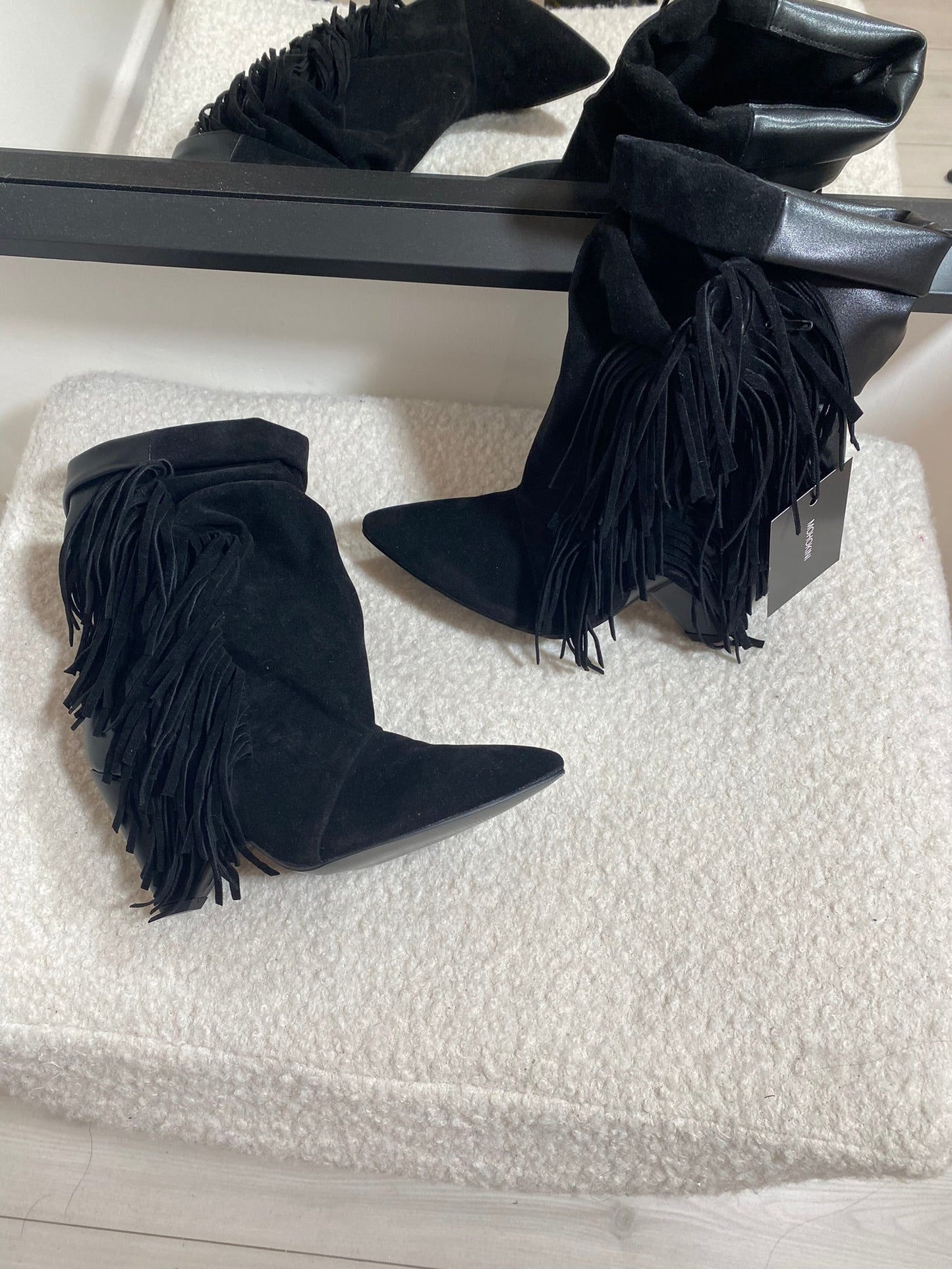 STRUT FRINGE ANKLE BOOTS BLACK SUEDE - PRE ORDER
