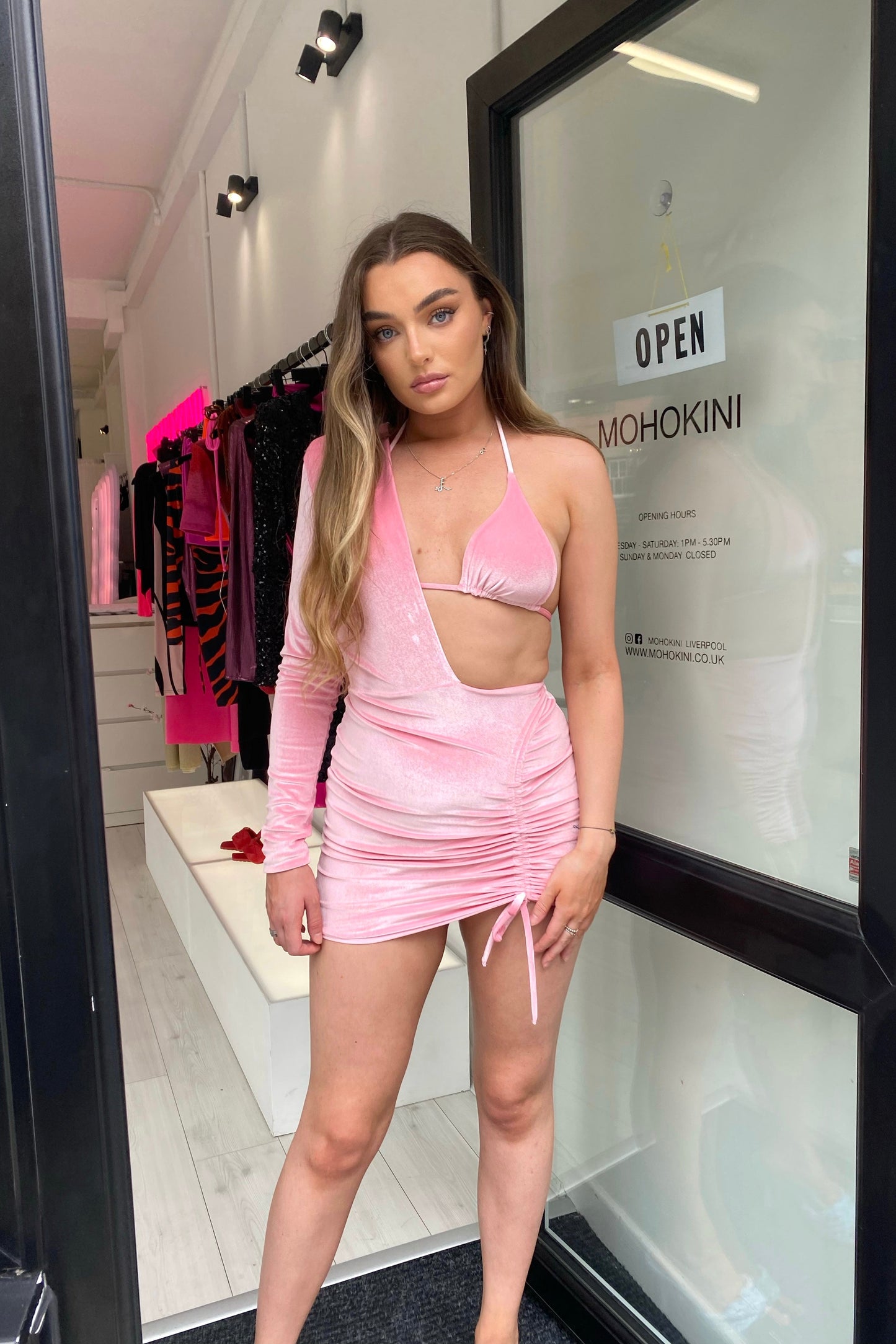 NOVA ONE SHOULDER MINI DRESS - BABY PINK VELVET