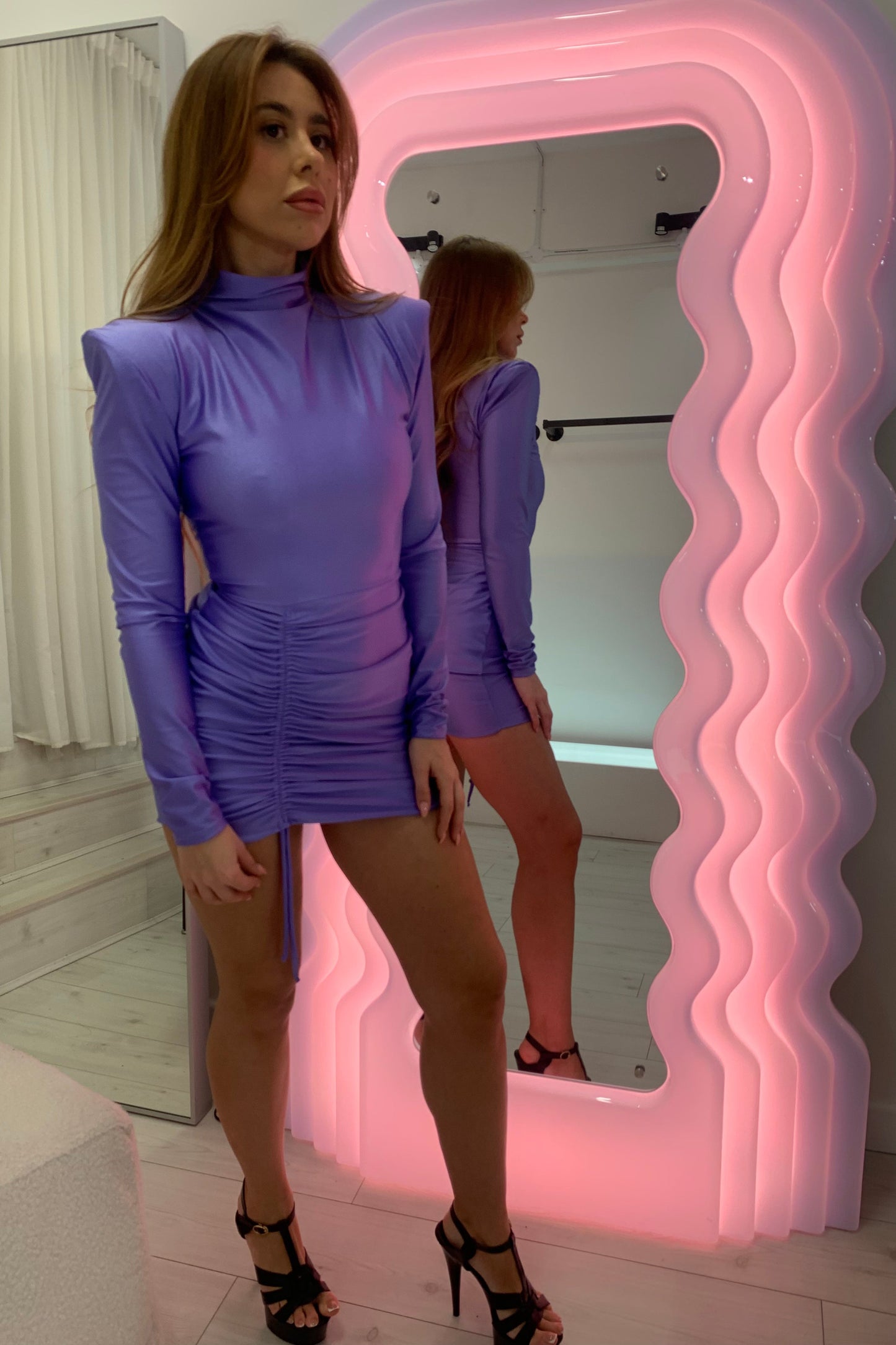 DITA HIGH NECK PADDED SHOULDER DRESS  - LAVENDER