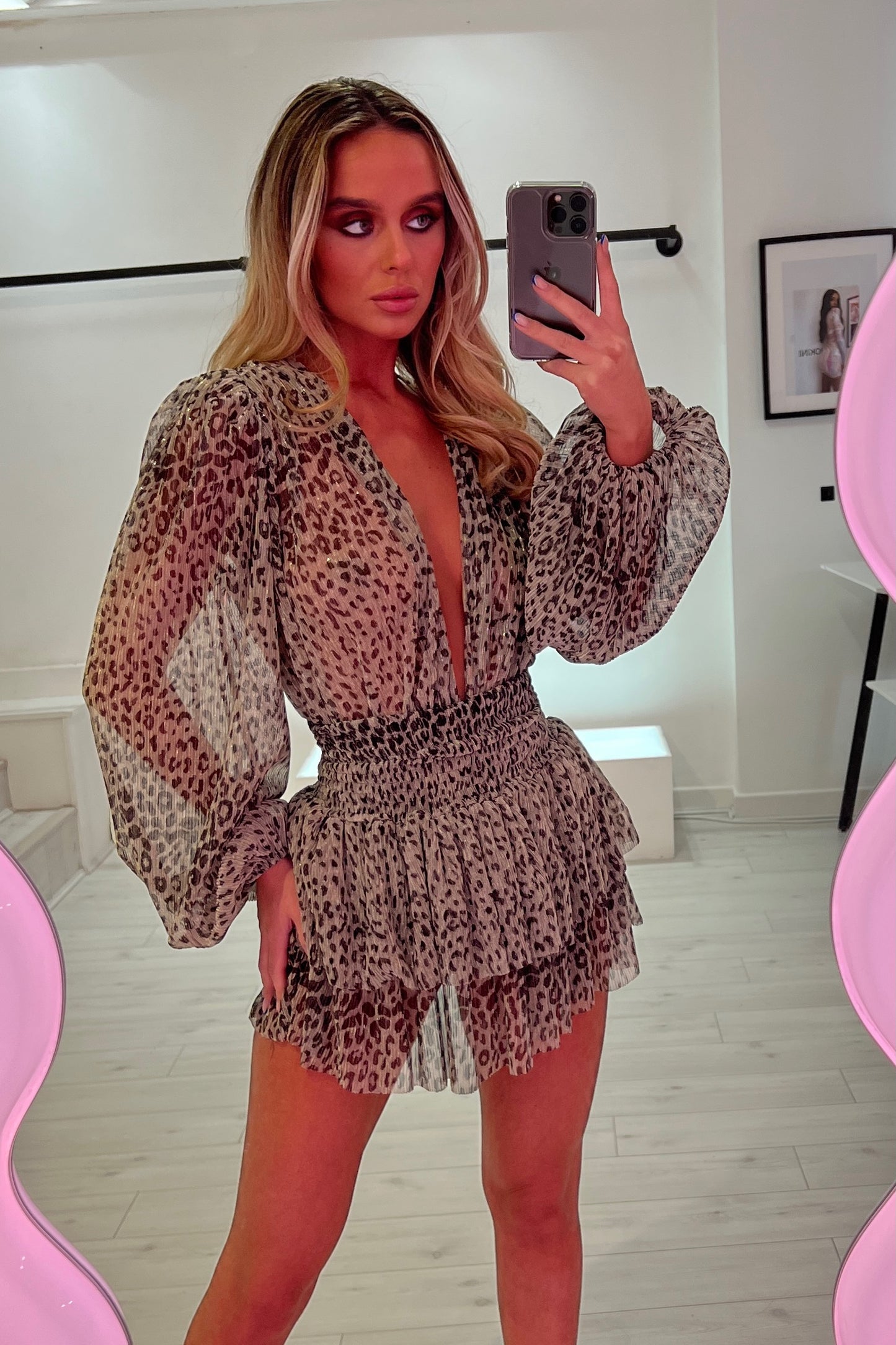 MARGOT X CLAUDIA BALLOON SLEEVE BLOUSE X SMOCKED TIERED SKIRT - SEMI SHEER LIGHT LEOPARD