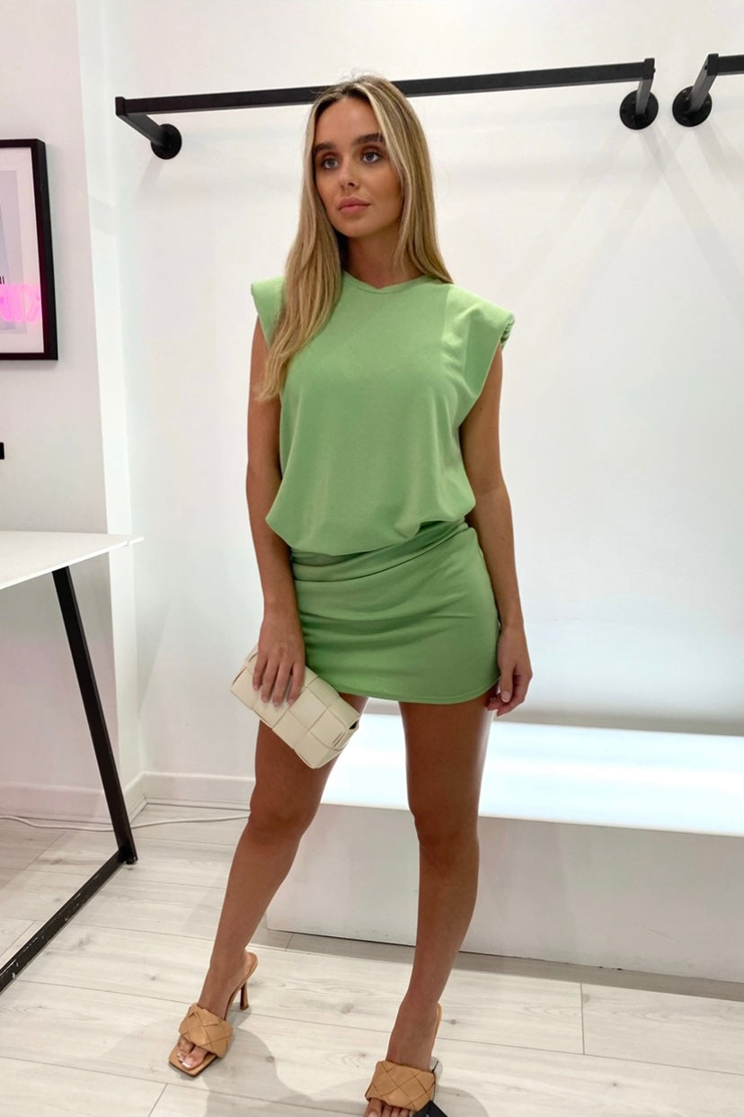 DAKOTA SLEEVELESS PADDED SHOULDER CURVED HEM SKIRT AND TOP CO-ORD