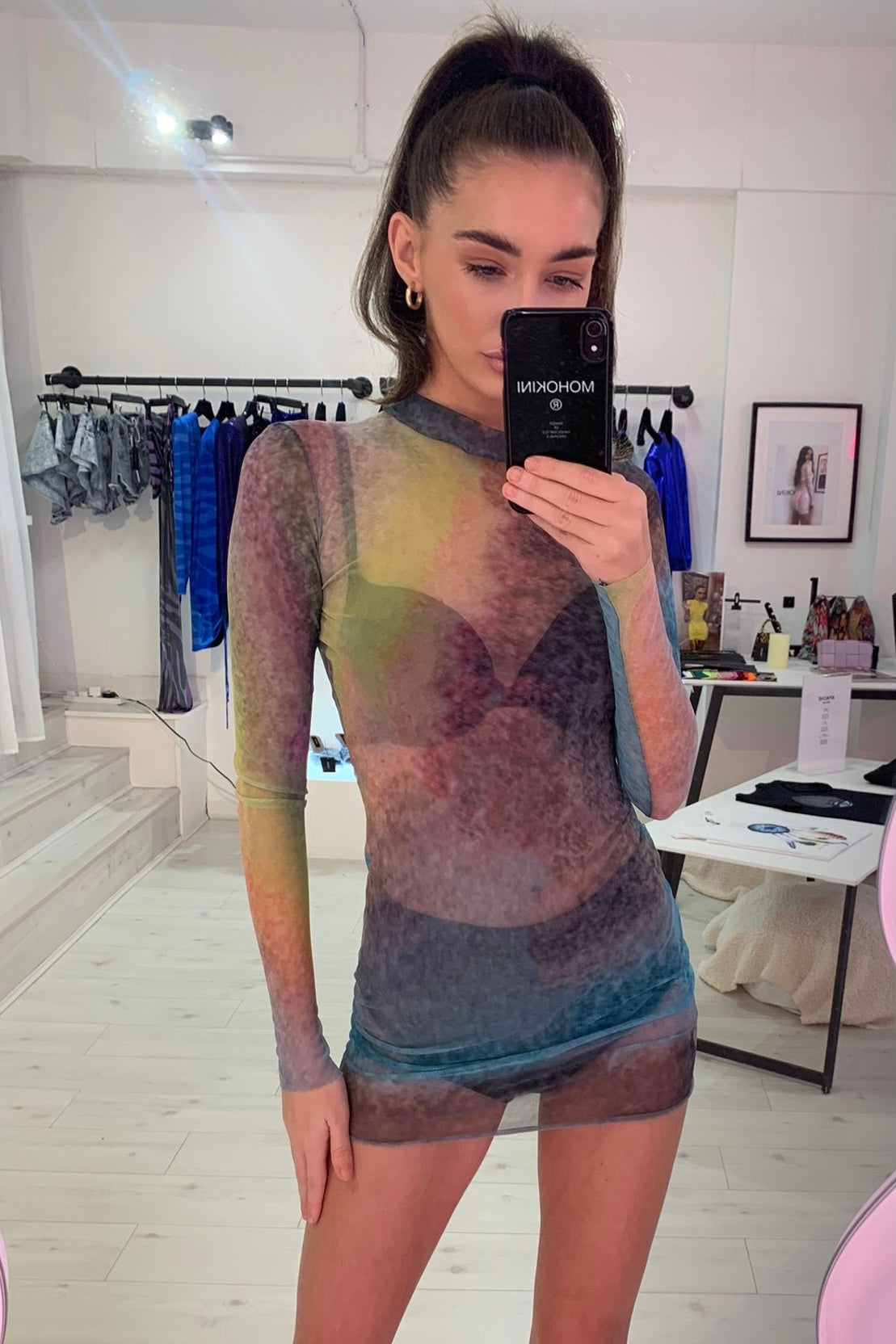 HAILEY LONG SLEEVE BODY CON DRESS - SHERBET MESH