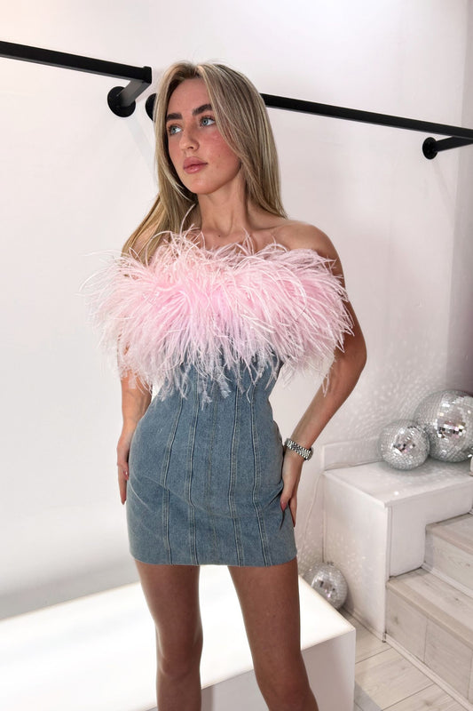 ASTRA DENIM DRESS - PINK FEATHER