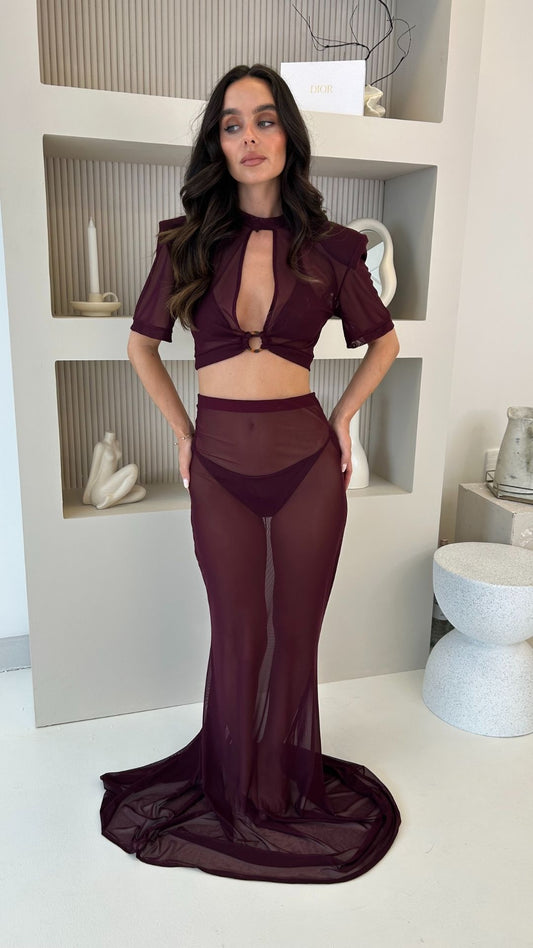 THALIA CO-ORD – O-RING DETAIL PADDED SHOULDER CROP TOP & FISH TAIL SKIRT