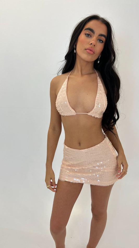 DELPHINE WET LOOK SEQUIN MINI SKIRT