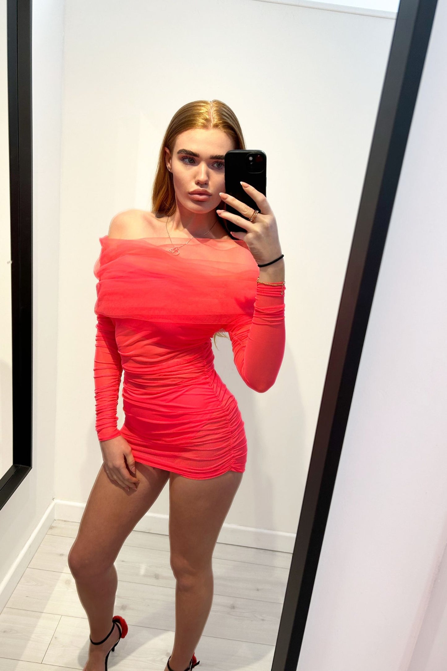 MOLLY OFF SHOULDER RUCHED MINI DRESS - NEON PINK