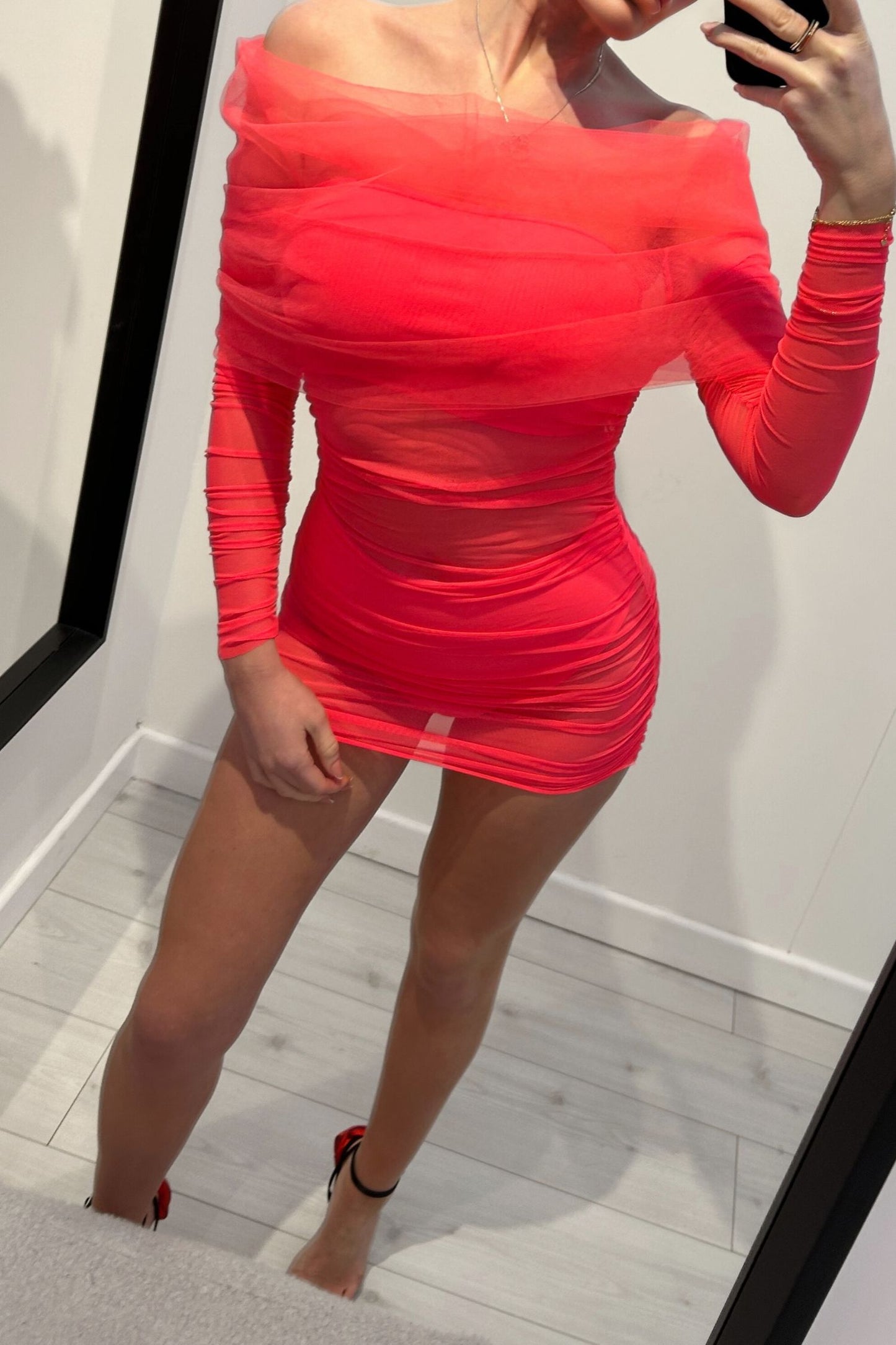 MOLLY OFF SHOULDER RUCHED MINI DRESS - NEON PINK