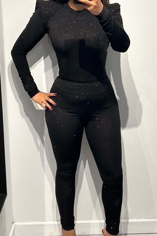 STELLA PADDED SHOULDER CREW NECK TOP AND HIGH WAIST LEGGINGS CO-ORD - BLACK SPARKLE