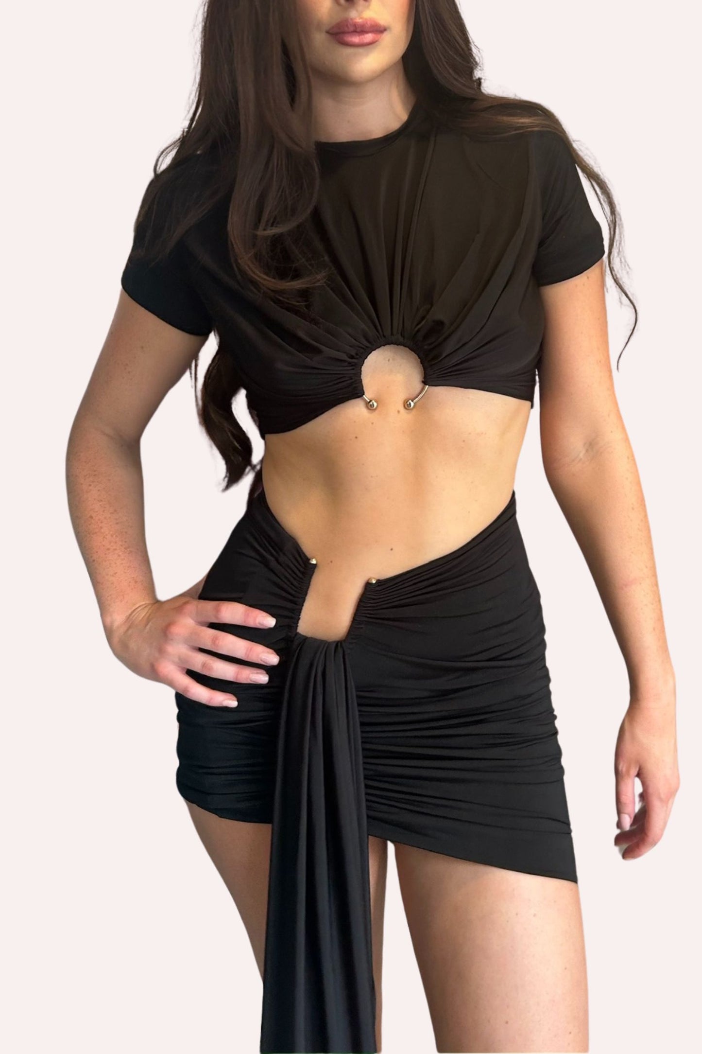 SELENE SCULPTED DRAPE PIERCING PRONG DETAIL SKIRT AND TOP CO-ORD
