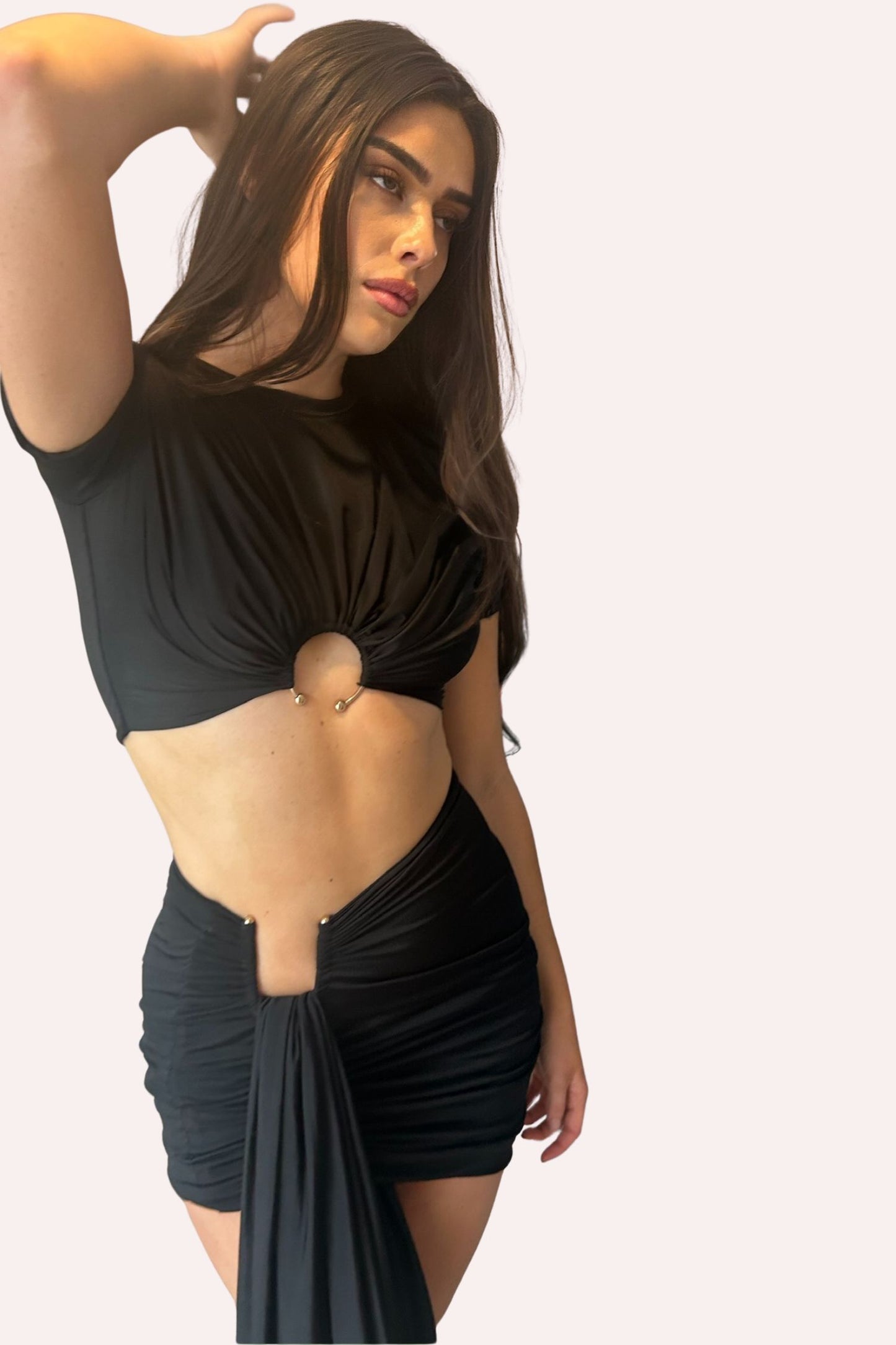 SELENE SCULPTED DRAPE PIERCING PRONG DETAIL SKIRT AND TOP CO-ORD