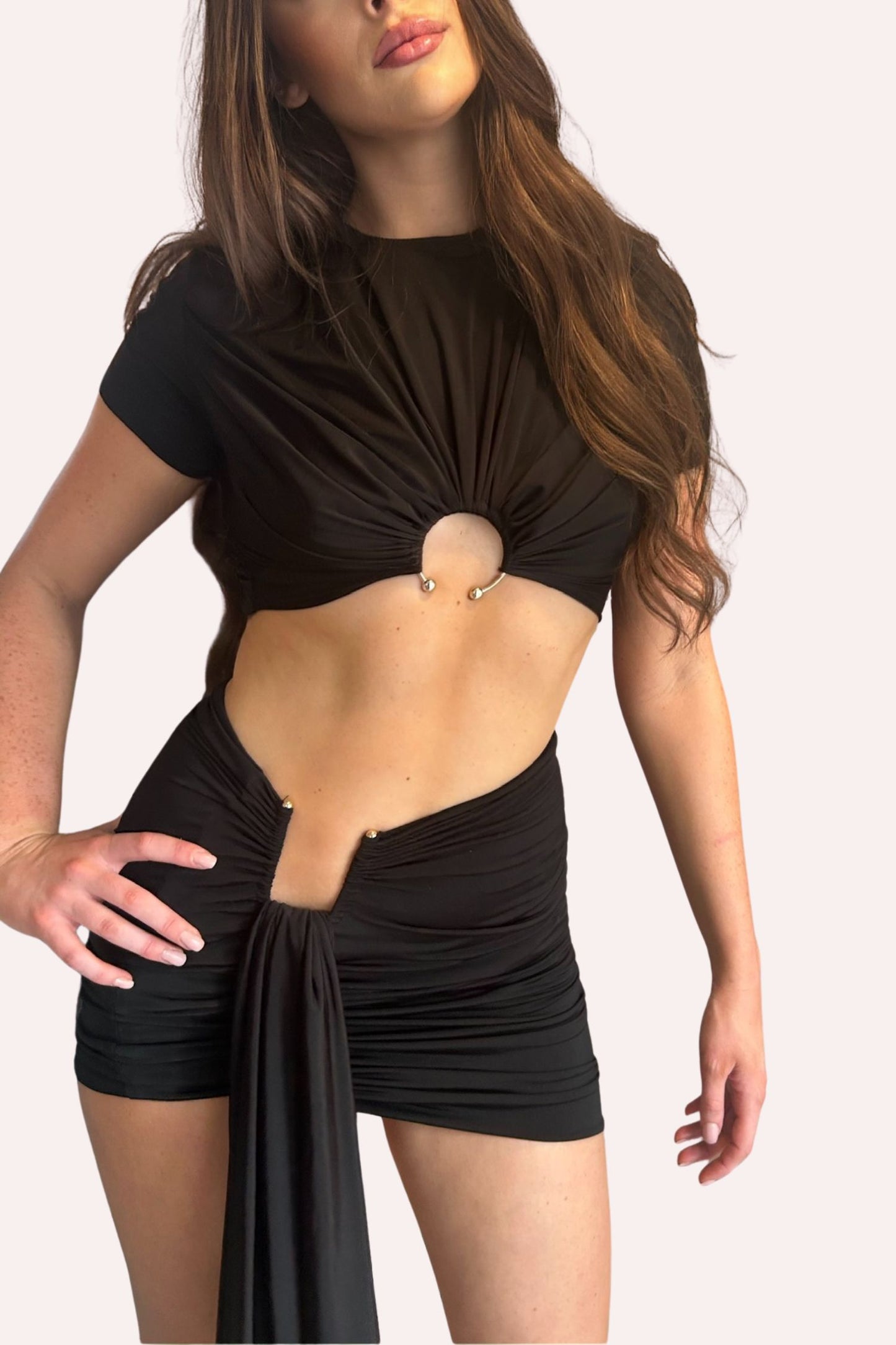 SELENE SCULPTED DRAPE PIERCING PRONG DETAIL SKIRT AND TOP CO-ORD