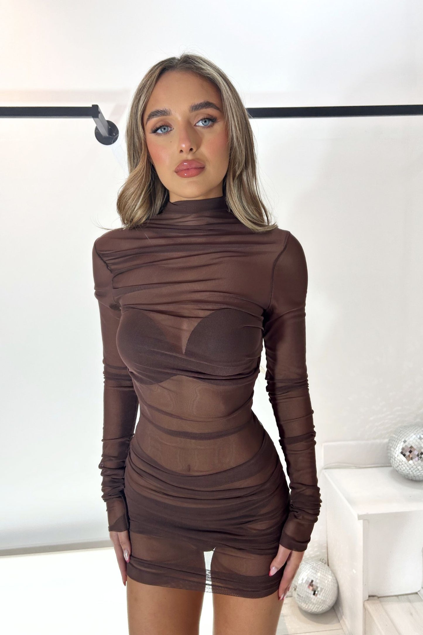 ORLA RUCHED MESH MINI DRESS - CHOCOLATE BROWN